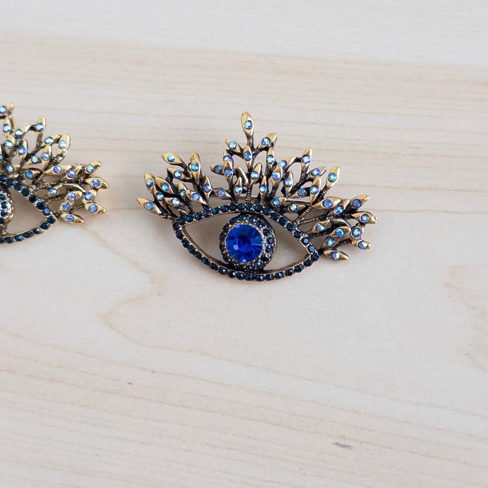 Womens Evil Eye Brooch Pin 2 Piece Set OS Blue Gold Rhinestone Crystal Statement - Picture 5 of 7